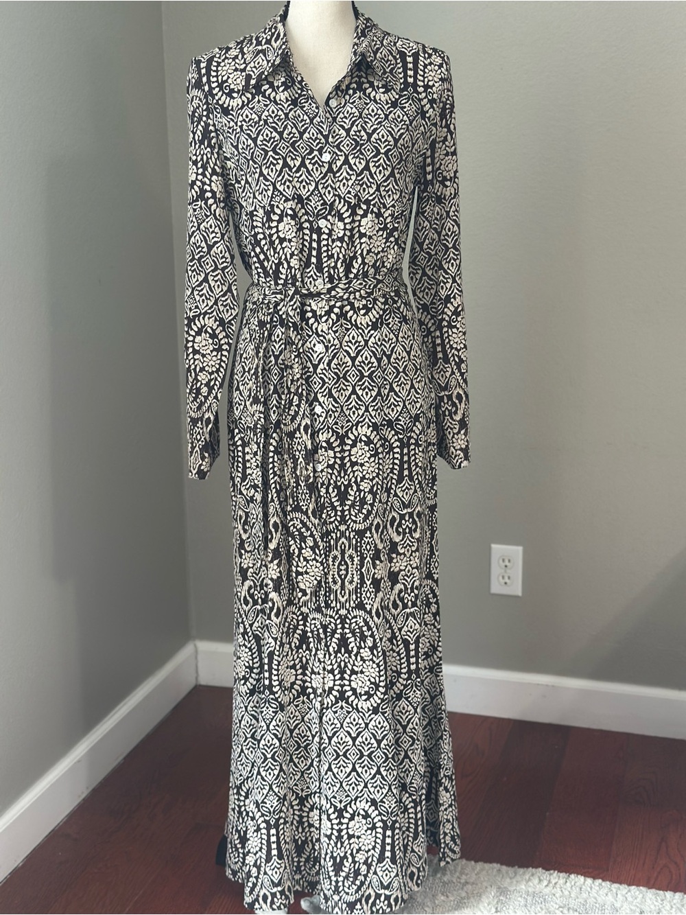 Spiegel Brown Paisley Pure 100% Silk Printed Maxi Shirt Dress